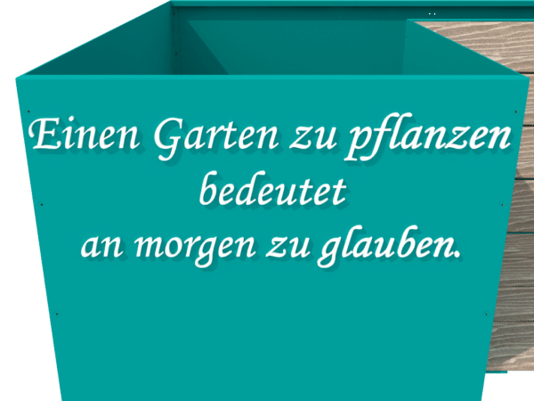 Hochbeet Viva la vita - U-Form -aus Stahl und farbig pulverbeschichtet mit integrierter Sitzbank zum relaxen Ansicht Wunschspruch